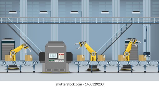 Automation factory concept with robot working flat design vector illustration