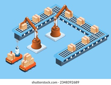 Automation factory concept with Warehouse Automation System, Conveyor belt and Autonomous robot. Isometric Vector illustration EPS 10