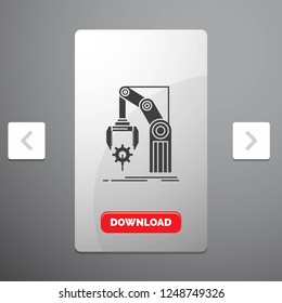 Automation, factory, hand, mechanism, package Glyph Icon in Carousal Pagination Slider Design and Red Download Button