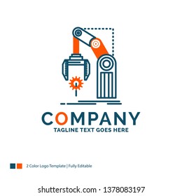 Automation, factory, hand, mechanism, package Logo Design. Blue and Orange Brand Name Design. Place for Tagline. Business Logo template.