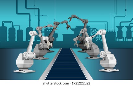 Automation factory with robot assembly line in factory vector illustration