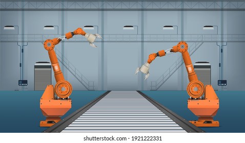 Automation factory with robot assembly line in factory vector illustration