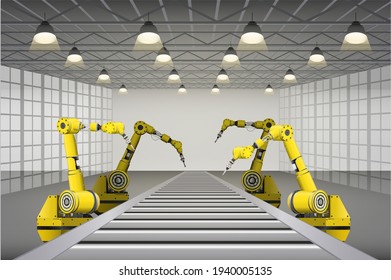 Automation factory with robot assembly line in factory vector illustration