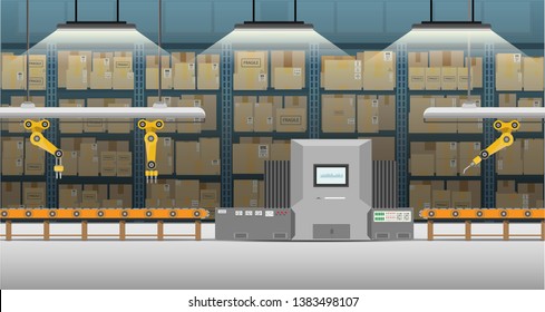 Automation factory with robotic arms, machine and conveyor belt flat design vector illustration