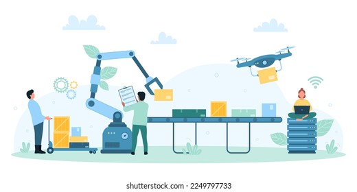 Automation of factory warehouse vector illustration. Cartoon tiny people and robot arms unload and load boxes with goods to industrial conveyor belt, employees and machines work in storehouse
