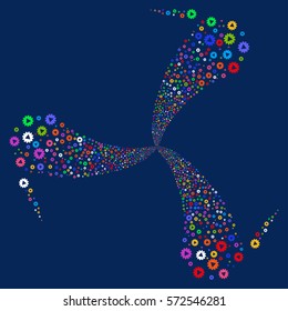 Automation fireworks swirl rotation. Vector illustration style is flat bright multicolored iconic symbols on a blue background. Object spiral constructed from random pictograms.