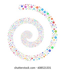 Automation fireworks swirl spiral. Vector illustration style is flat bright multicolored scattered symbols. Object whirl combined from scattered icons.