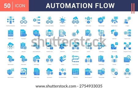 Automation Flow Icon Set. workflow automation, build pipeline, test automation, continuous testing, deployment and more. Glyph Gradient Style vector icons collection.