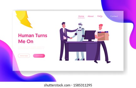 Automation, Futuristic Technologies, AI Website Landing Page. Human Vs Robot. Boss Shaking Hand to Cyborg Taken in Office, Alive People Dismissal Web Page Banner. Cartoon Flat Vector Illustration