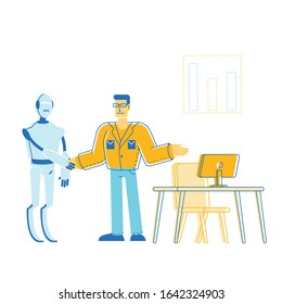 Automation, Futuristic Technologies and Artificial Intelligence Concept. Robot in Human Life. Boss Shaking Hand to Cyborg Taken in Office instead of People to Work. Cartoon Flat Vector Illustration