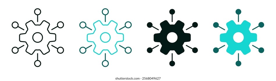 Automation gear icon set. AI, technology, automated system, network, settings, data, multichannel marketing or business concept. Cogwheel and circuits logo for web or mobile. Editable vector stroke.