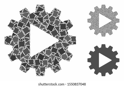 Automation gear mosaic of abrupt items in variable sizes and color tinges, based on automation gear icon. Vector rough pieces are combined into collage.