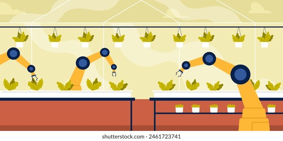 Automation in growing agricultural plants in smart farm greenhouse. Automatic robotic arms grow green organic agricultural plants using innovation hydroponic technology cartoon vector illustration