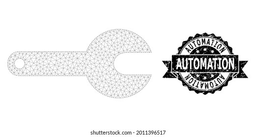 Automation grunge seal and vector spanner tool mesh model. Black seal has Automation caption inside ribbon and rosette. Abstract flat mesh spanner tool, created from flat mesh.