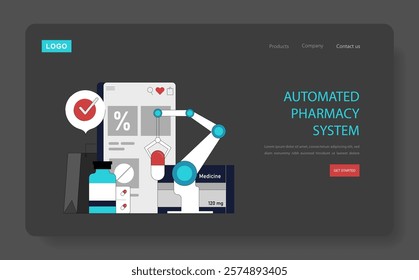 Automation in healthcare concept. An automated pharmacy system interface showcasing a robotic arm and medication. Streamlining drug dispensing processes with technology. Vector illustration.