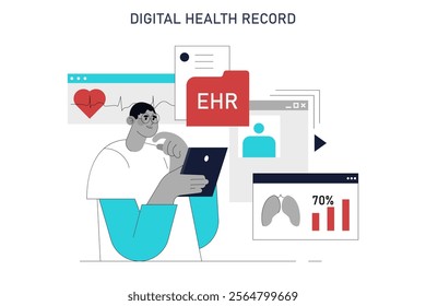 Automation in healthcare concept. Digital health records transformation with technology. Efficient data management for improved patient care. Vector illustration.