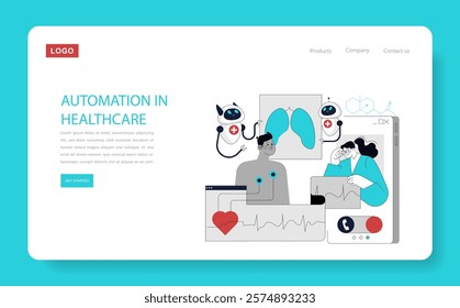 Automation in healthcare concept. Digital transformation with AI and robotics improving patient care. Innovations in medical technology. Vector illustration.