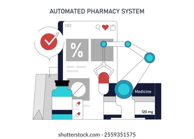 Automation in Healthcare concept. An illustration of a robotic pharmacy system that includes prescription management and medication dispensing. Vector illustration.