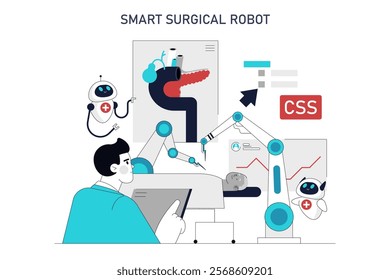 Automation in Healthcare concept. Illustration of robotic surgery and medical assistance. Surgeon controls a smart surgical robot, enhancing precision. Vector illustration.