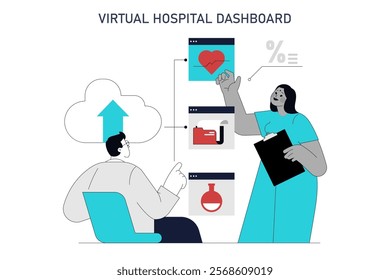 Automation in healthcare concept. Professionals interact with virtual hospital dashboard for efficient patient care management. Vector illustration.