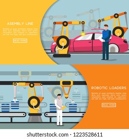 Automation horizontal banners with assembly line and robotic loaders, production conveyor belt with factory operational people in uniform. Industry 4.0 and technology concept. Vector illustration