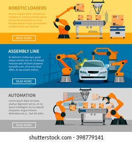 Automation horizontal banners set with assembly line and robotic loaders symbols flat isolated vector illustration 