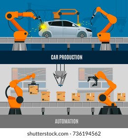 Automation horizontal banners set with car production symbols flat isolated vector illustration