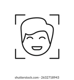 Automation icon. AI Face Recognition symbol. Face with detection box. depicts technology, future, artificial intelligence. Outline design style
