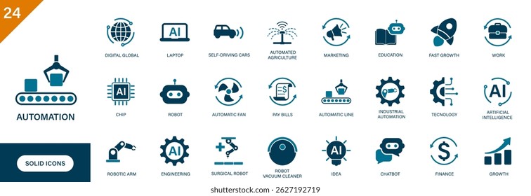 Ícone Automação. Contendo robô, agricultura automatizada, finanças, otimização, linha automática. Conjunto de ícones de vetor sólido.