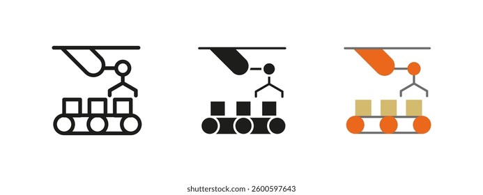 Automation icon. Industrial production vector illustration. Conveyor belt and robotic arm symbol. Machinery, assembly and technology sign. Manufacturing, process control and industrial engineering.