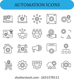 Ícone Automação. Ícones mínimos definidos. Relacionados com otimização, processo, desenvolvimento, tecnologia, inovação.