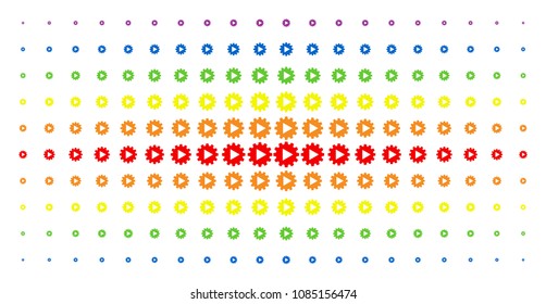 Automation icon rainbow colored halftone pattern. Vector automation shapes are organized into halftone matrix with vertical spectrum gradient. Constructed for backgrounds, covers,