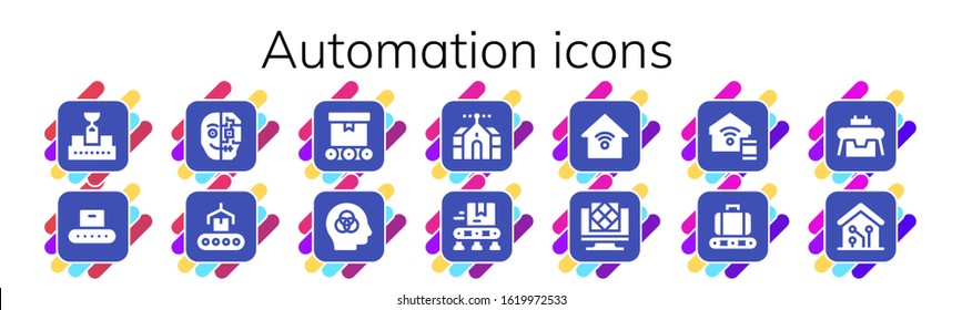 automation icon set. 14 filled automation icons. Included Conveyor, Cyborg, Intelligence, Domotics, Smart house, Artificial intelligence, Smart home, Robot icons
