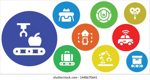 automation icon set. 9 filled automation icons.  Collection Of - Mechanical arm, Robot, Conveyor, Smart home, Autonomous car, Automaton