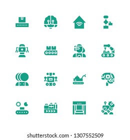 automation icon set. Collection of 16 filled automation icons included Robot, Conveyor, Conveyor belt, Artificial intelligence, Robot arm, Cyborg, Algorithm, Smart home