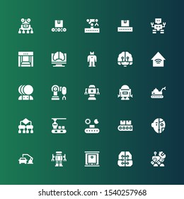 automation icon set. Collection of 25 filled automation icons included Robot, Intelligence, Production, Robot arm, Conveyor, Algorithm, Artificial intelligence, Smart home, Robotic arm