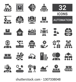 automation icon set. Collection of 32 filled automation icons included Conveyor, Robot, Robot arm, Cyborg, Algorithm, Artificial intelligence, Smart home, Robotic arm, Intelligence