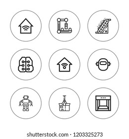 Automation icon set. collection of 9 outline automation icons with conveyor, intelligence, robot arm, robot, smart home icons. editable icons.