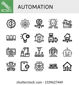 automation icon set. Collection of Cutter, Artificial intelligence, Robot, AI, Conveyor, Automation, Smart home, Smart house, Home control, Robotic arm, Automatic, Robotics icons