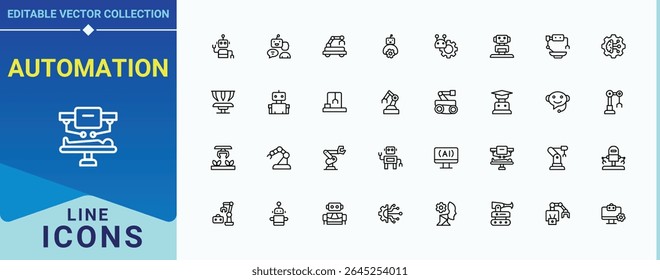 Automation icon set. Featuring machine, robot, ai, bot, tech, technology, robotic. Robotics linear icon set. UI icons set in a thin style. Vector illustration in modern line style.