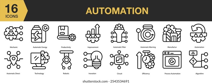 Conjunto de ícones de automação. Inclui algoritmo, direto, energia, filtro, aviso e muito mais. Contornar coleção de vetores de ícones.