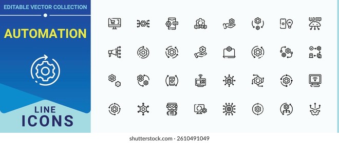 Automation icon set. Includes symbols for development, tech, technology, innovation, process, ai, optimization and more. Outline icons pack. Engineer icon set. Vector illustration.
