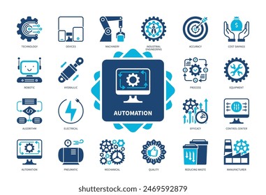 Automation icon set. Machinery, Equipment, Mechanical, Hydraulic, Pneumatic, Electrical, Technology, Devices. Duotone color solid icons