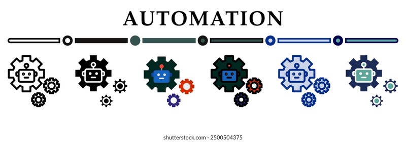 Conjunto de iconos de automatización. 6 Varios estilos. Gráficos de signos, símbolos, elementos, presentaciones, infografías o Web. Ilustración vectorial.