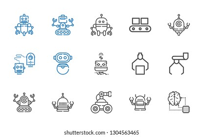 automation icons set. Collection of automation with artificial intelligence, robot, conveyor. Editable and scalable automation icons.