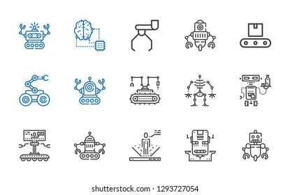 automation icons set. Collection of automation with robot, conveyor, artificial intelligence. Editable and scalable automation icons.