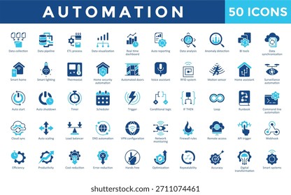 Ícones de automação definidos com coleta de dados, pipeline de dados, processo etl, visualização de dados, painel em tempo real, relatório automático, análise de dados, detecção de anomalias, ícone de ferramentas bi. Vetor plano simples 
