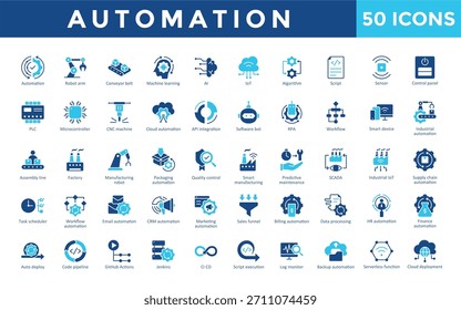 Ícones de automação definidos com automação, braço robô, correia transportadora, aprendizado de máquina, ai, iot, algoritmo, script, sensor, ícone do painel de controle. Vetor plano simples 
