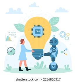Automatización de la creación de ideas, AI soporta ilustración vectorial. Persona minúscula de dibujos animados y robot que sostiene una gran bombilla de luz brillante con procesador de CPU en su interior, tecnología de innovación e invención