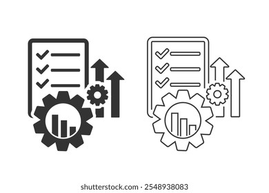 Automatice o implemente el conjunto de iconos con un engranaje de línea delgada. concepto de evaluación, control de eficacia y automatice el símbolo productivo